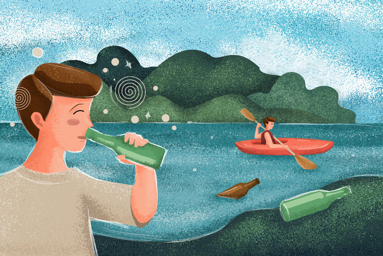 Ilustracja przedstawiająca kajakarza spożywającego alkohol, który następnie wsiada do kajaka.