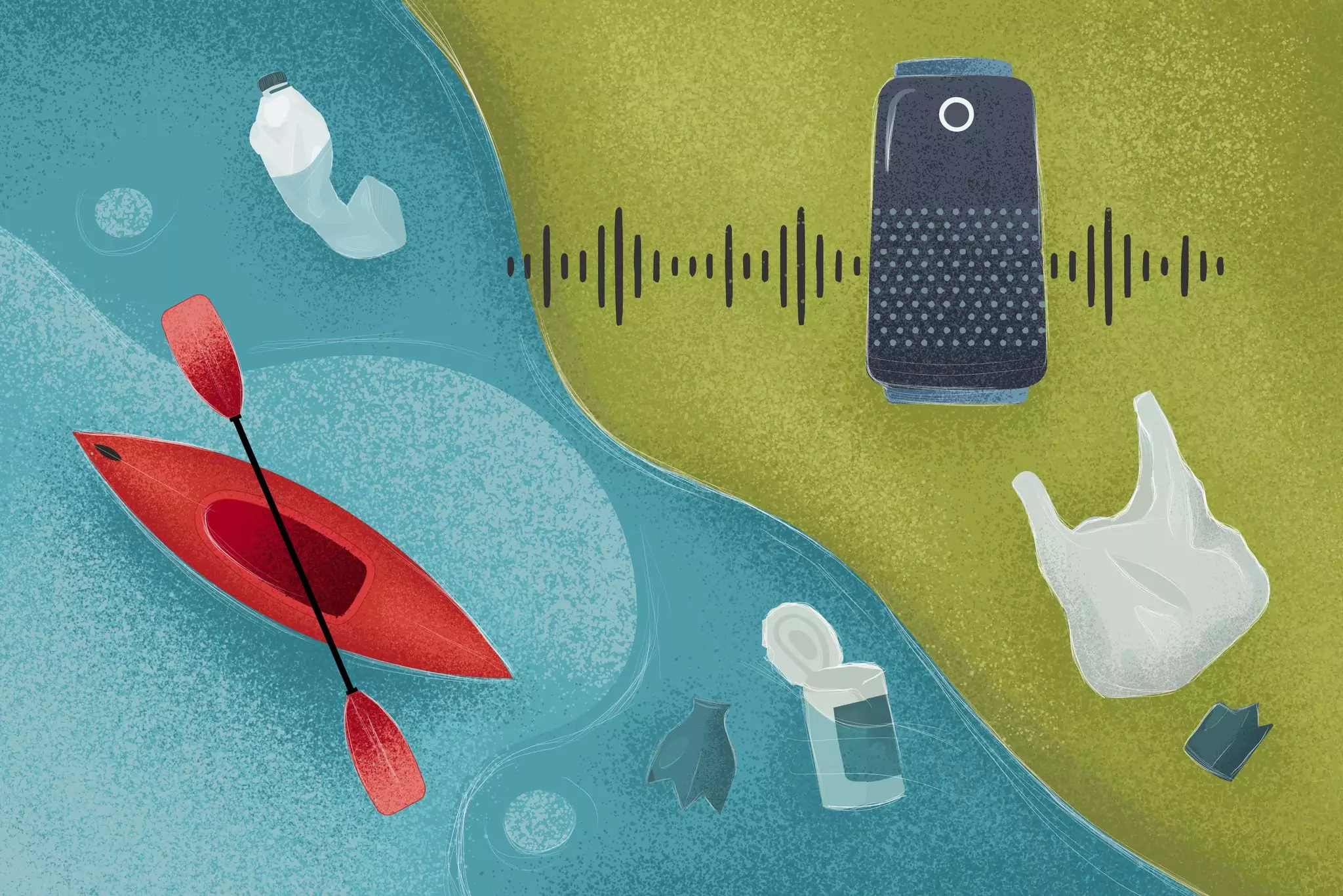 Ilustracja przedstawiająca rozrzucone worki plastikowe w wodzie i głośnik Bluetooth.